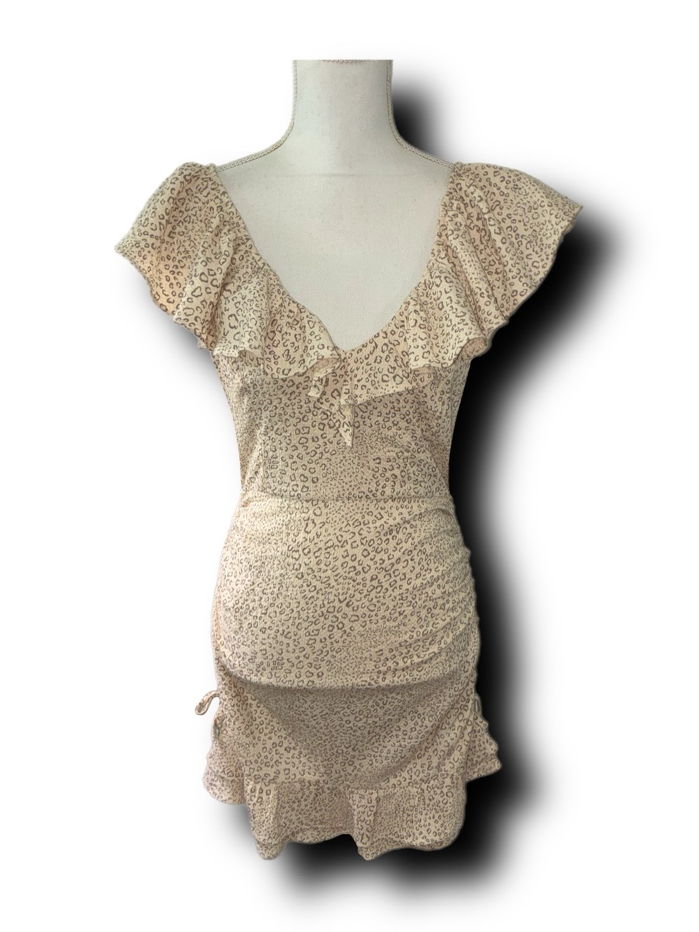 MinkPink 100% Cotton Beige Leopard Print Ruffle Mini Dress with Lace Up Back